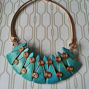 Turquoise and Gold Wire Wrapped Necklace